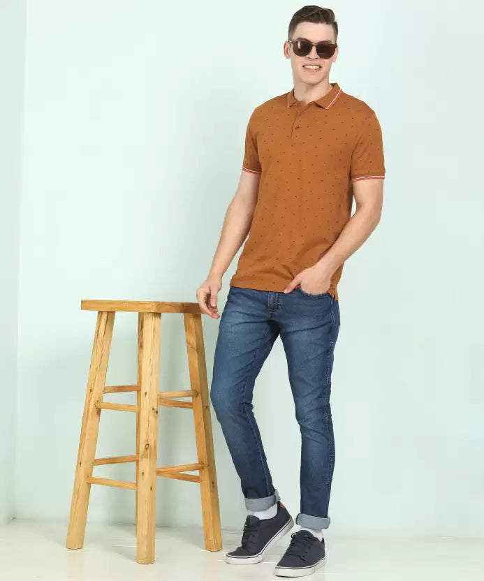 United Colors of Benetton Men Printed Polo Neck Pure Cotton Brown T-Shirt