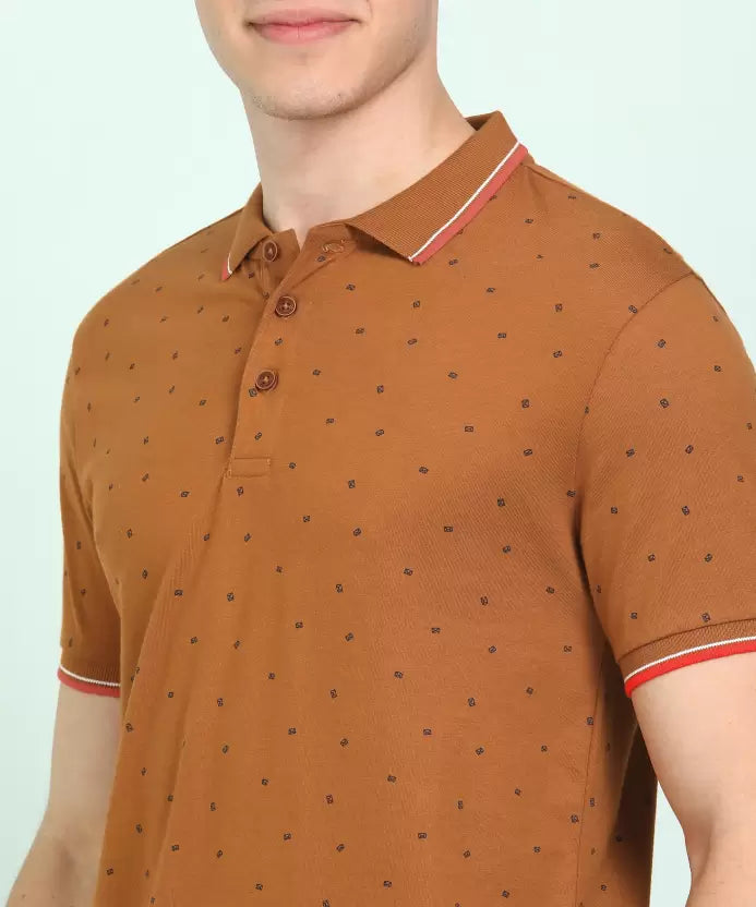 United Colors of Benetton Men Printed Polo Neck Pure Cotton Brown T-Shirt