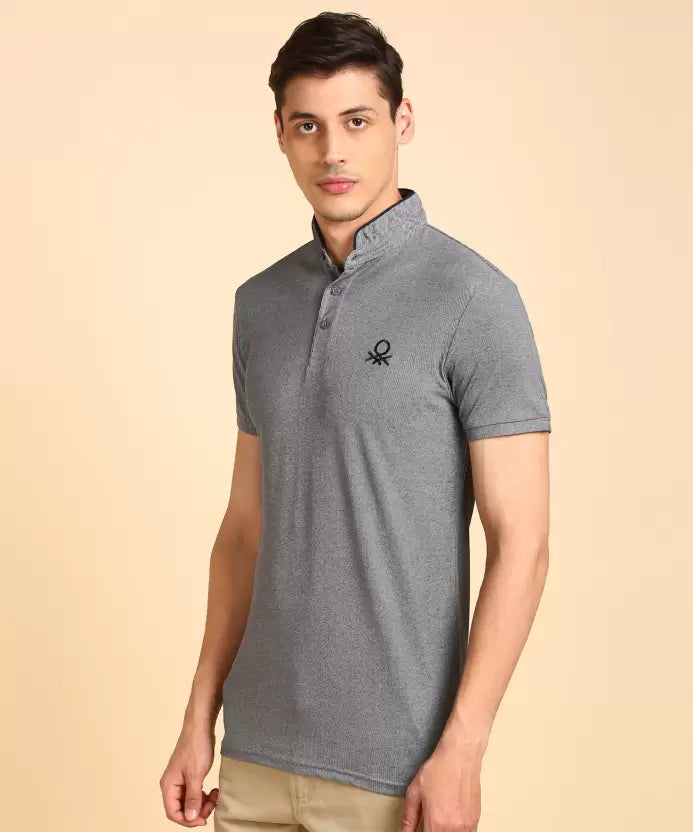 United Colors of Benetton  Men Solid Polo Neck Cotton Blend Black T-Shirt