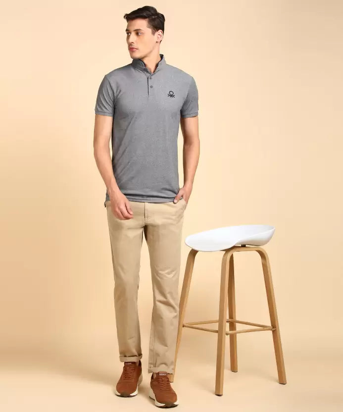 United Colors of Benetton  Men Solid Polo Neck Cotton Blend Black T-Shirt