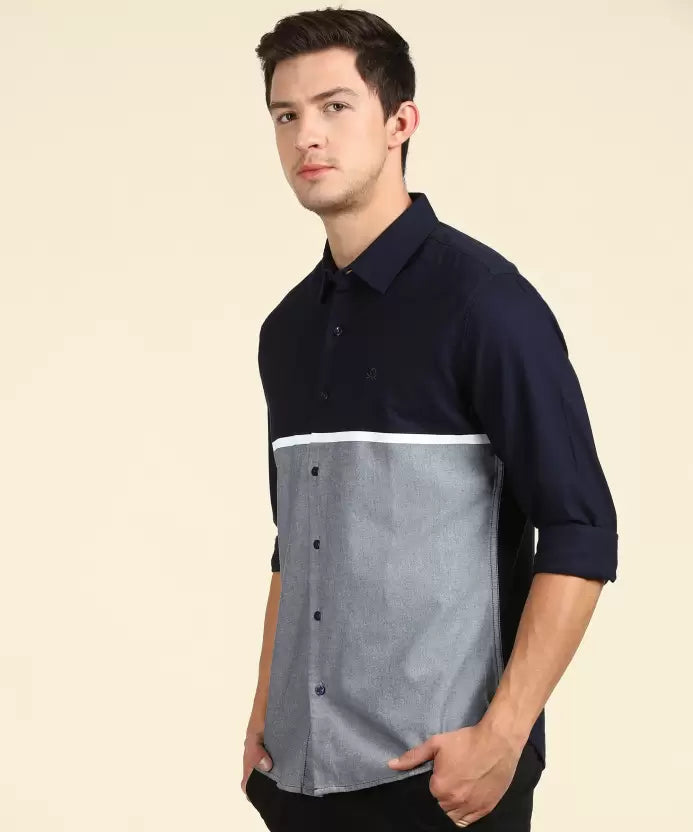 United Colors of Benetton Men Slim Fit Color Block Spread Collar Casual Shirt