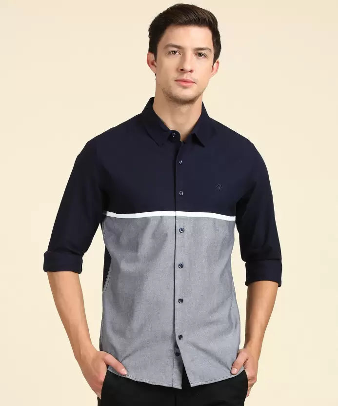 United Colors of Benetton Men Slim Fit Color Block Spread Collar Casual Shirt
