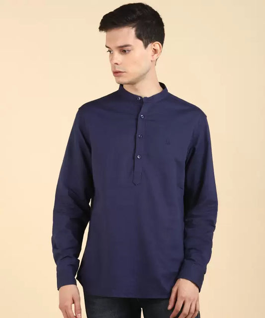 United Colors of Benetton Men Solid Cotton Linen A-line Kurta  (Dark Blue)