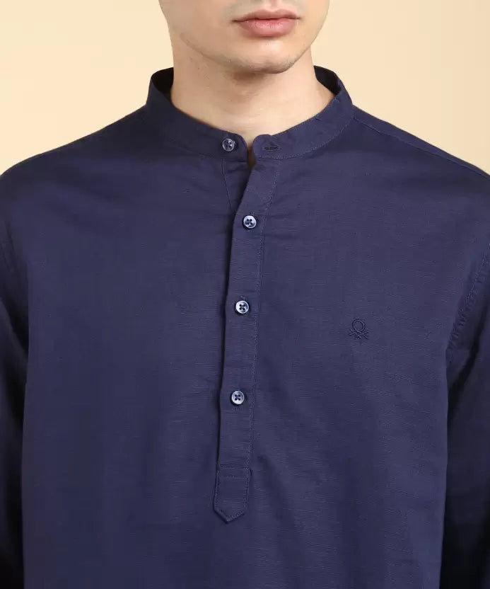 United Colors of Benetton Men Solid Cotton Linen A-line Kurta  (Dark Blue)
