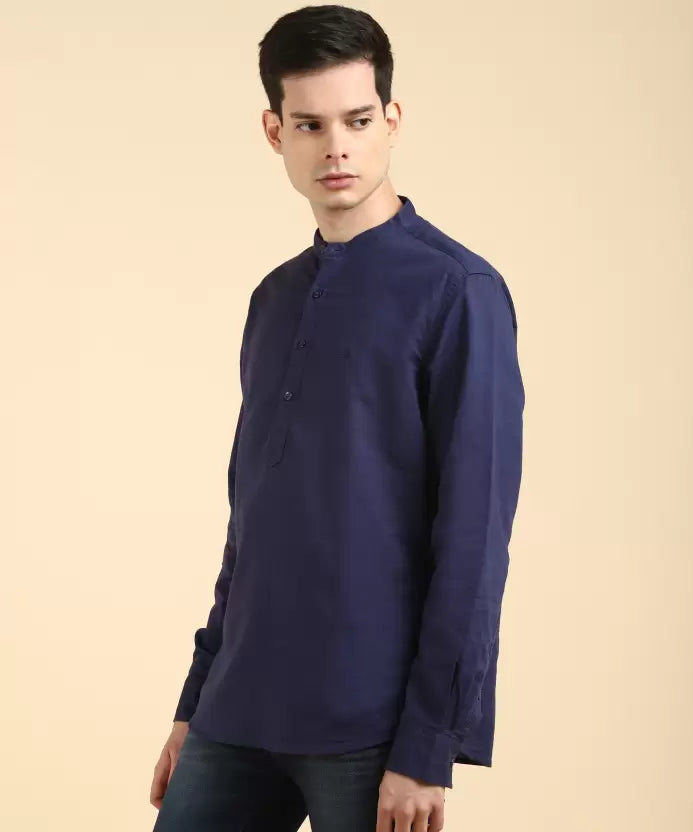 United Colors of Benetton Men Solid Cotton Linen A-line Kurta  (Dark Blue)
