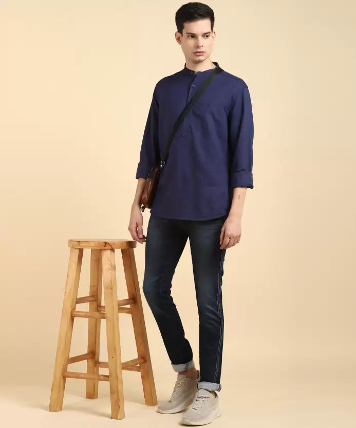 United Colors of Benetton Men Solid Cotton Linen A-line Kurta  (Dark Blue)